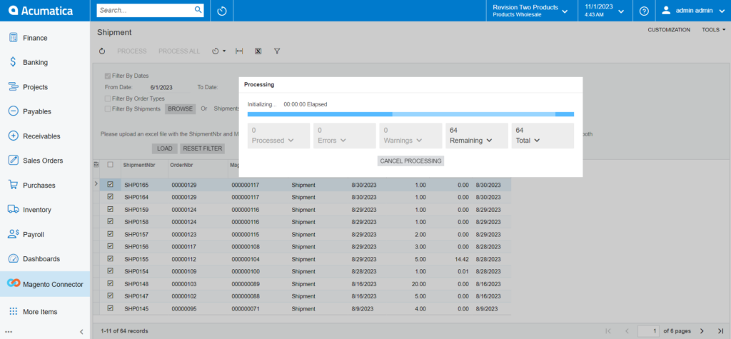 Shipment Processing Screen